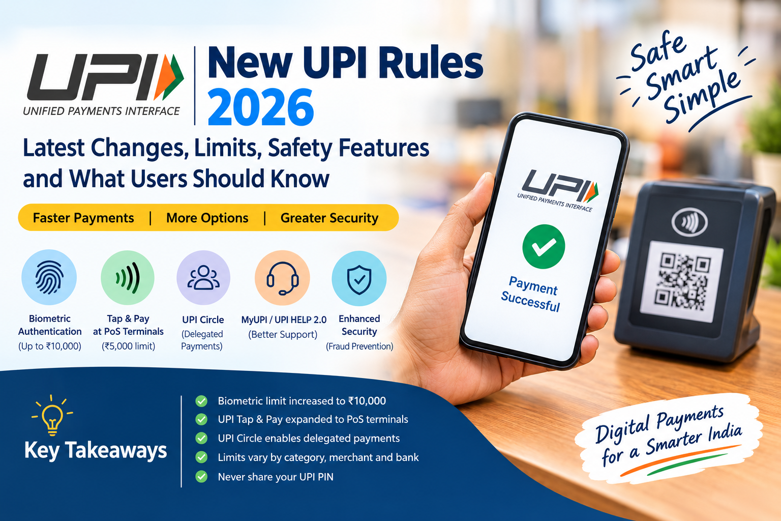 “New UPI Rules 2026 showing updated UPI payment limits, biometric authentication, Tap & Pay at PoS terminals, UPI Circle, enhanced security and digital payment features in India.”